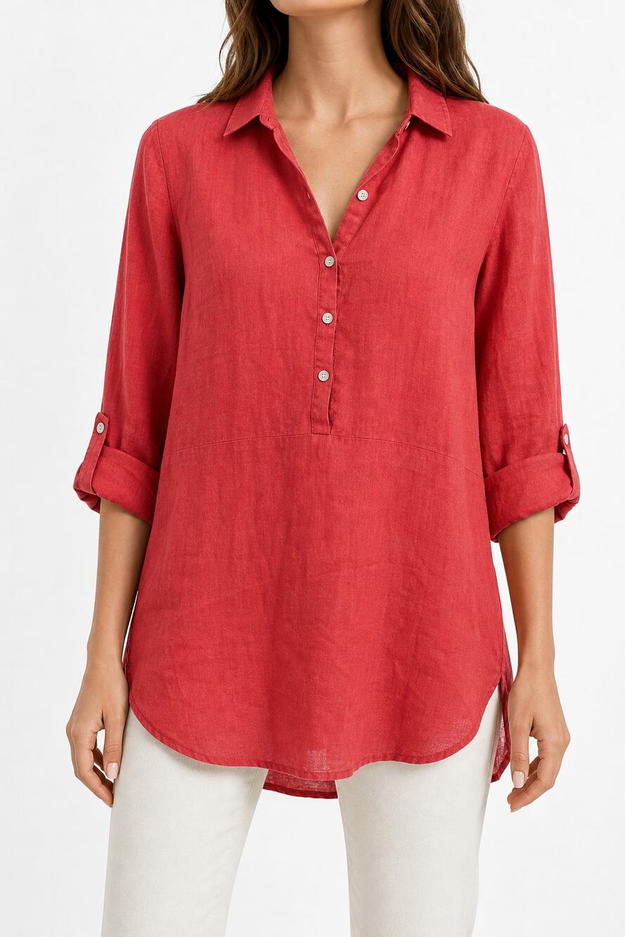 J. Jill Love 100% Linen Popover Tunic Roll Tab Sleeves Shirt Red XS Lightweight